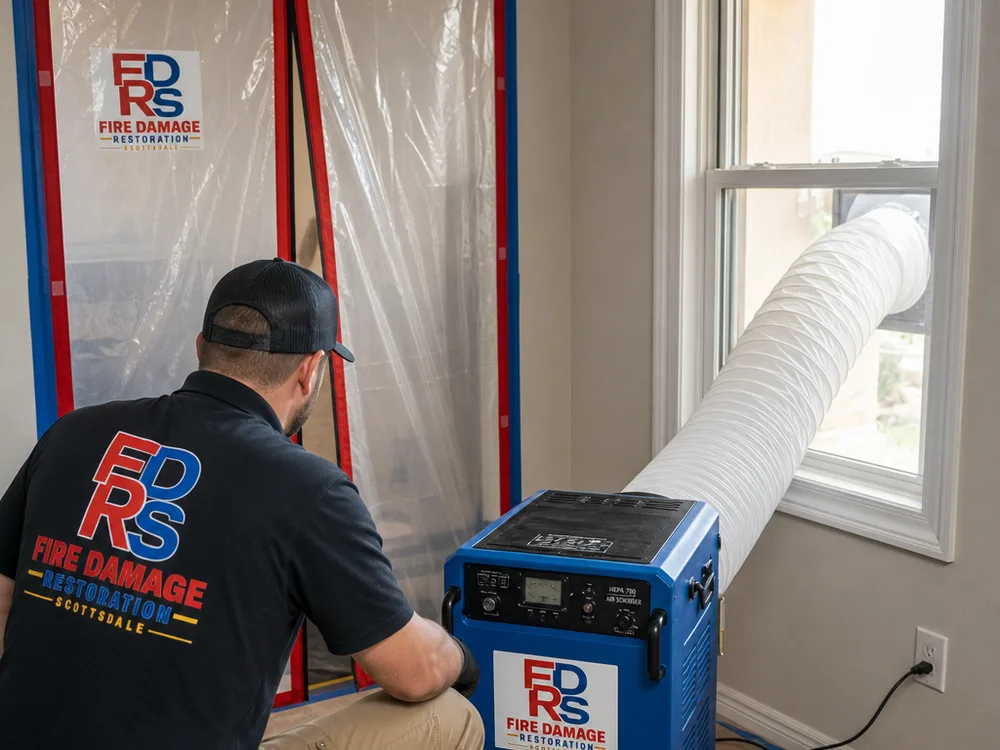 HEPA negative air machine vented through a window beside residential containment plastic