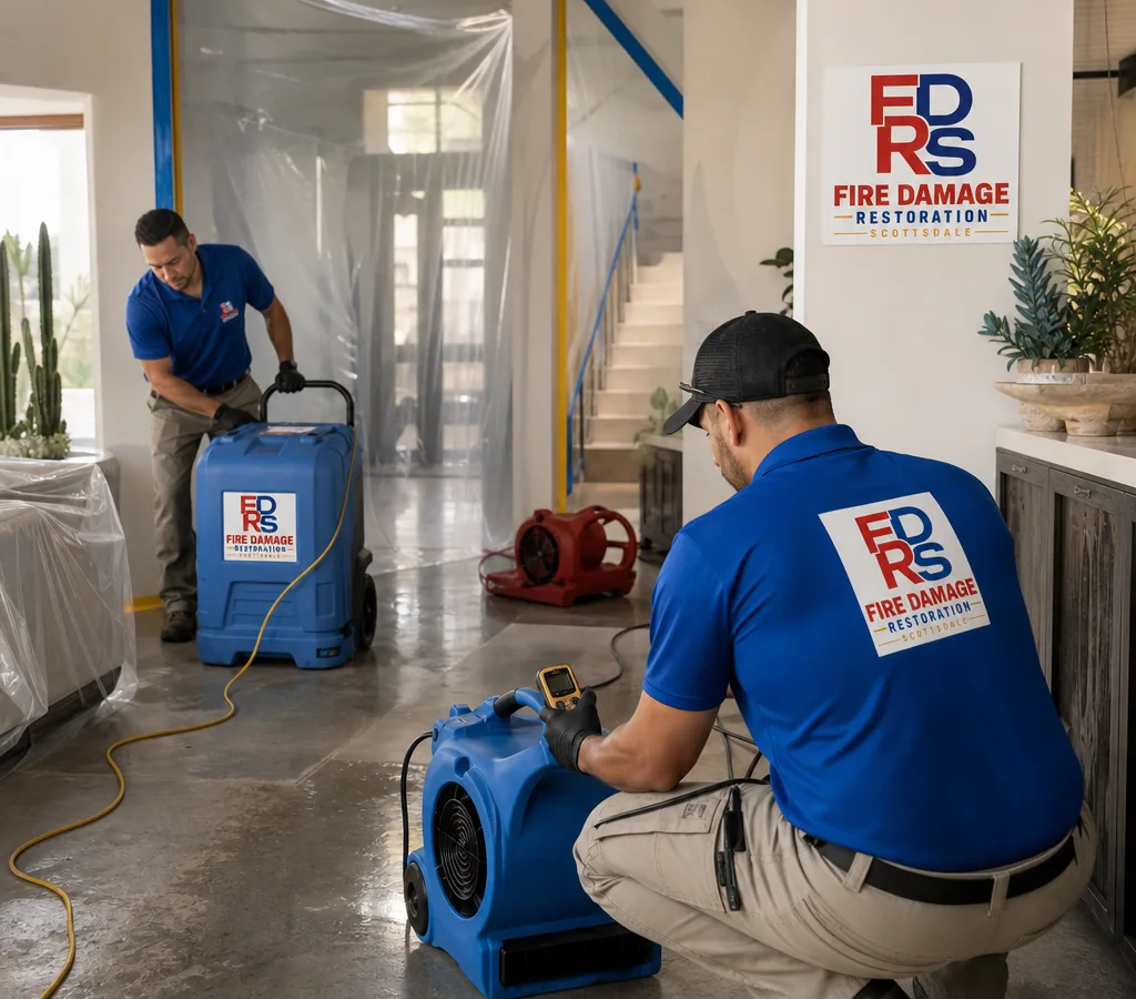 Technicians using commercial drying equipment and moisture meters in a Scottsdale home with water intrusion