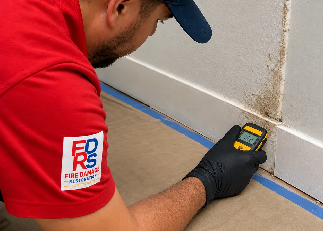 Technician taking moisture readings at a baseboard and drywall corner over protected flooring