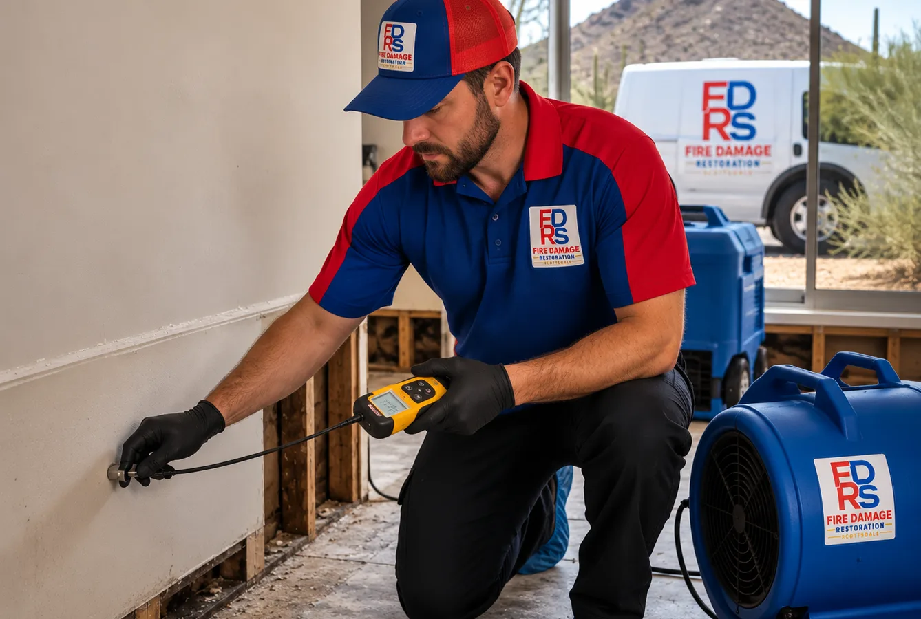 Restoration technician using a moisture meter beside drying equipment in a Scottsdale home