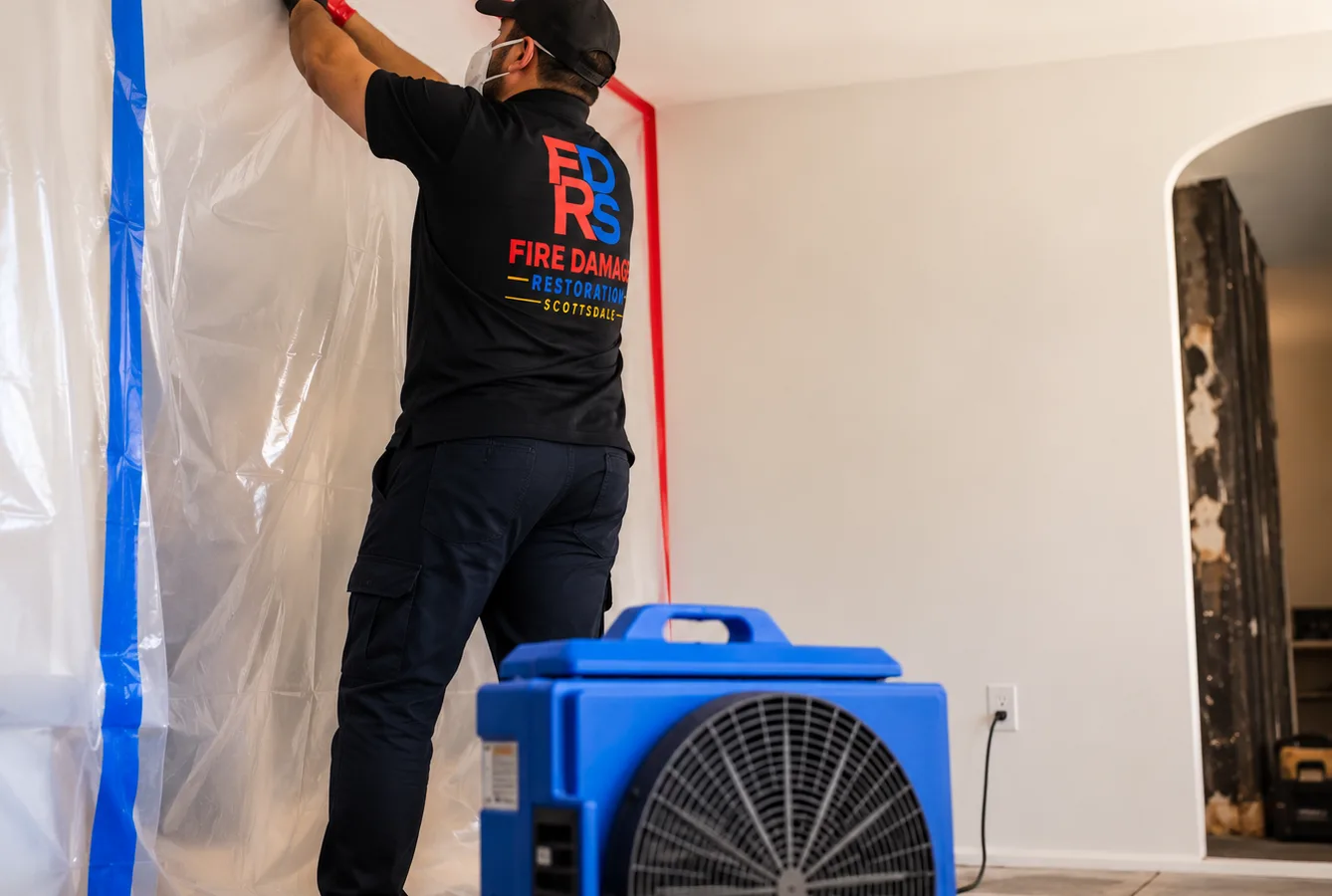 Technician in protective gear setting up containment with a HEPA air scrubber in a Scottsdale residential room