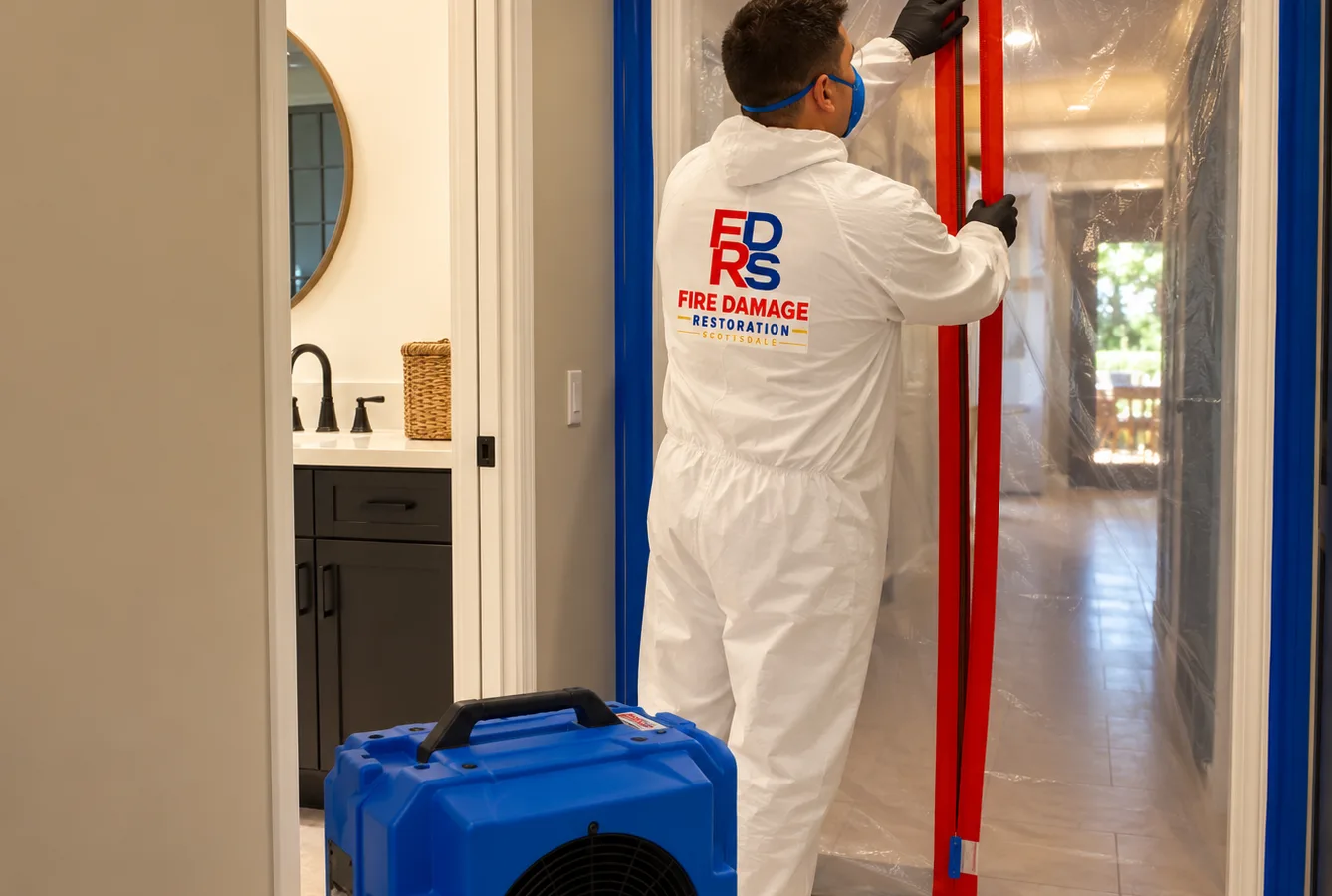 Technician setting up containment and a HEPA air scrubber in a Scottsdale home hallway