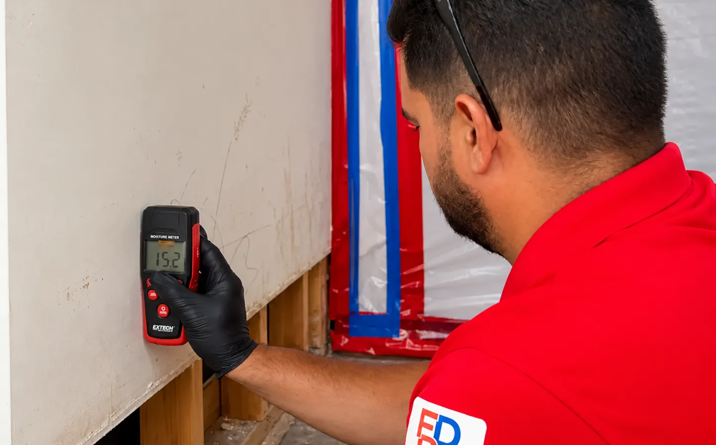 Moisture meter reading on drywall beside a removed baseboard and containment barrier