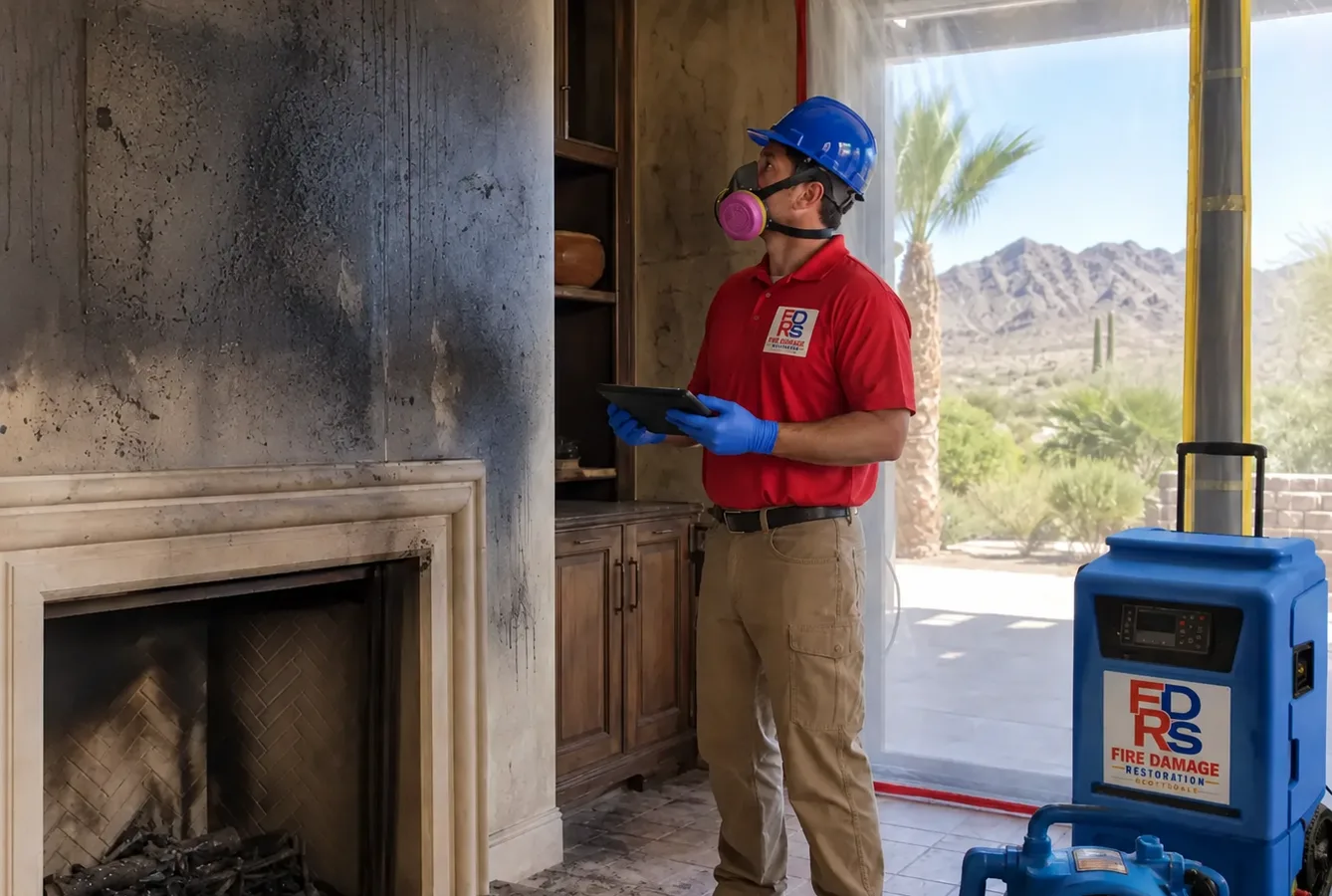 Restoration technician in a red shirt inspecting fireplace damage