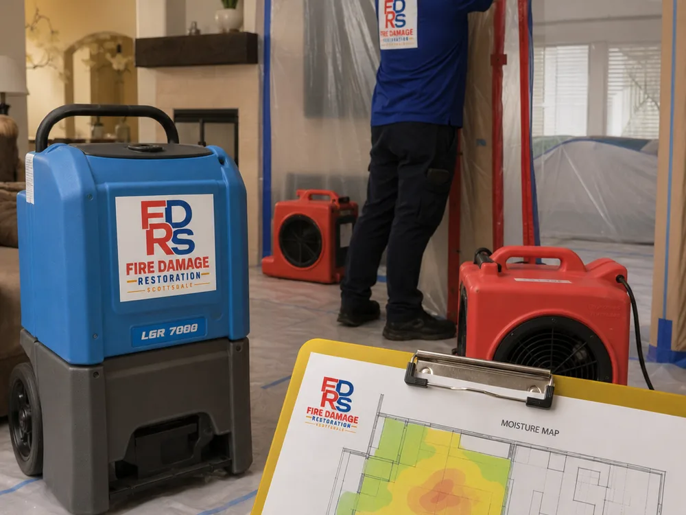 Dehumidifier and air movers operating inside a contained Scottsdale living room