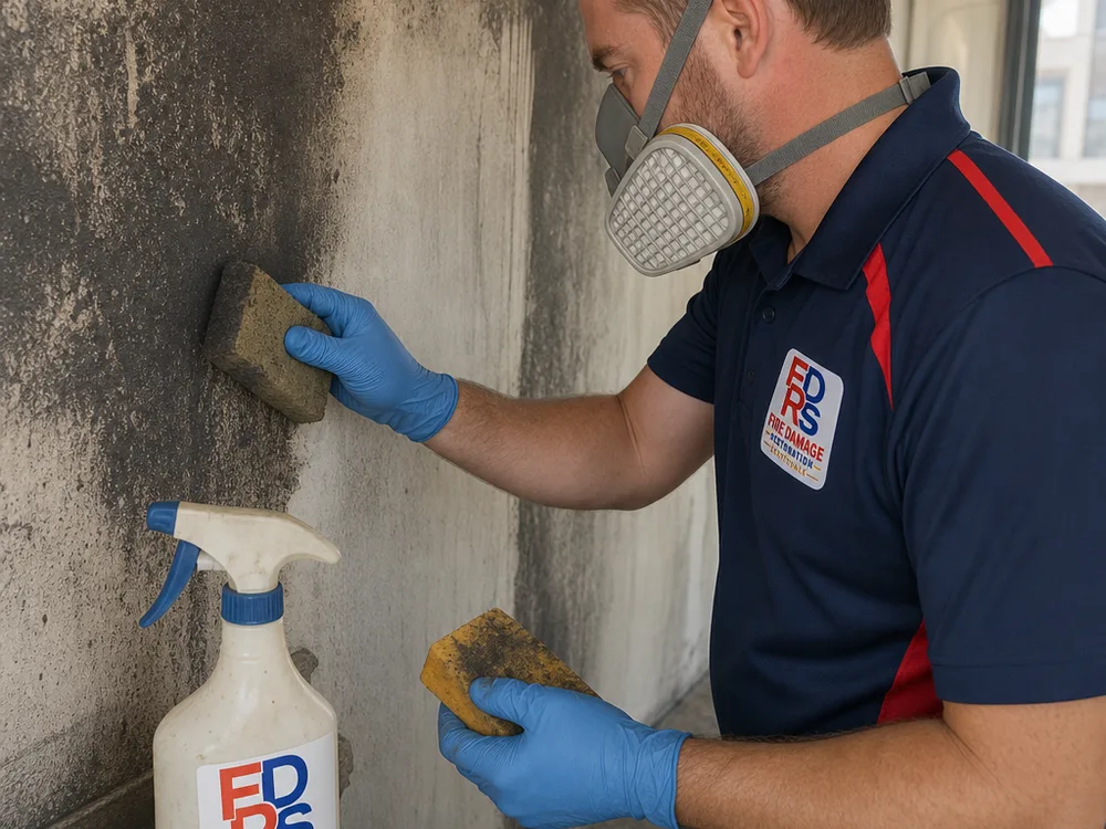 Technician wearing gloves and a respirator cleaning soot residue from drywall